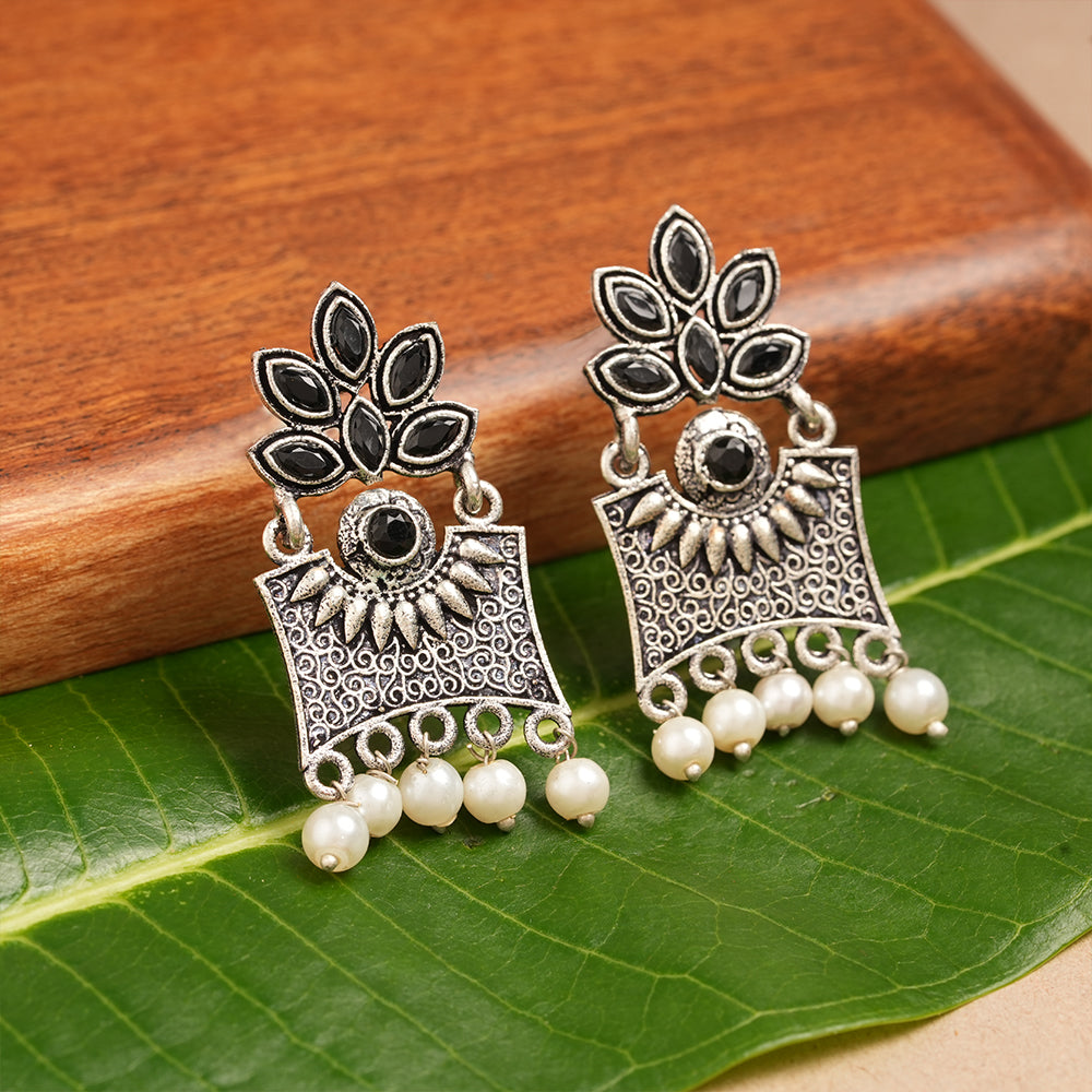 Flora-Aura stone studded dangler earrings (Black)