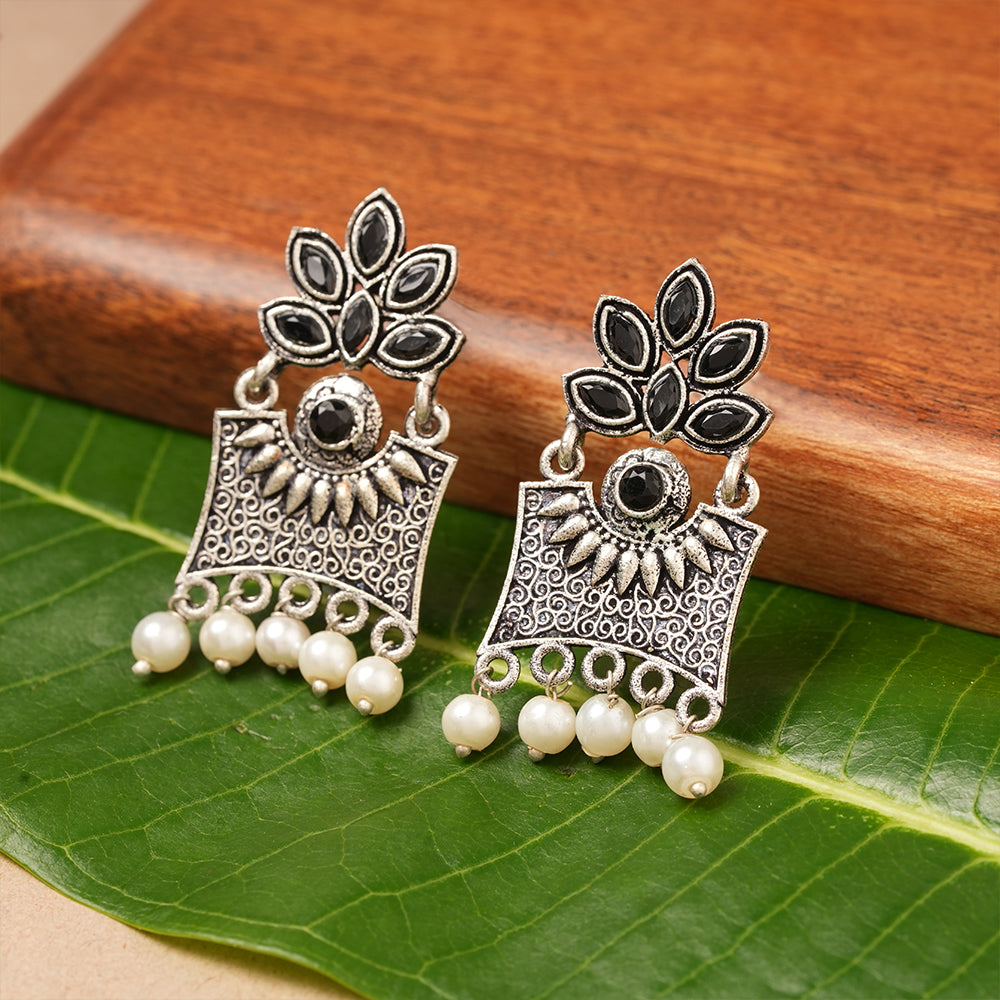 Flora-Aura stone studded dangler earrings (Black)