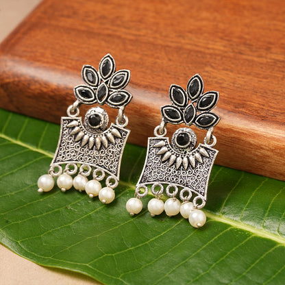 Flora-Aura stone studded dangler earrings (Black)