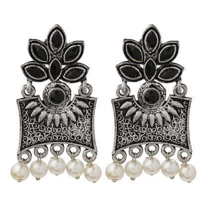 Flora-Aura stone studded dangler earrings (Black)