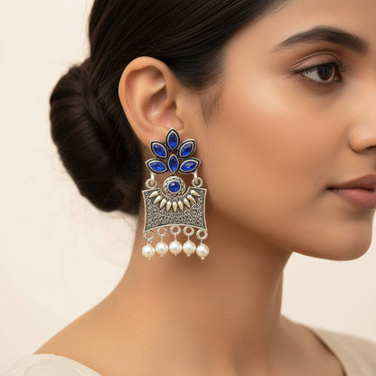 Flora-Aura stone studded dangler earrings (Blue)