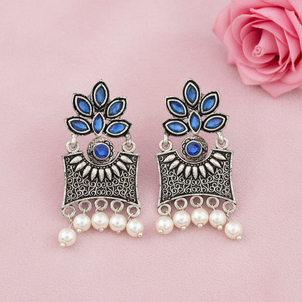 Flora-Aura stone studded dangler earrings (Blue)