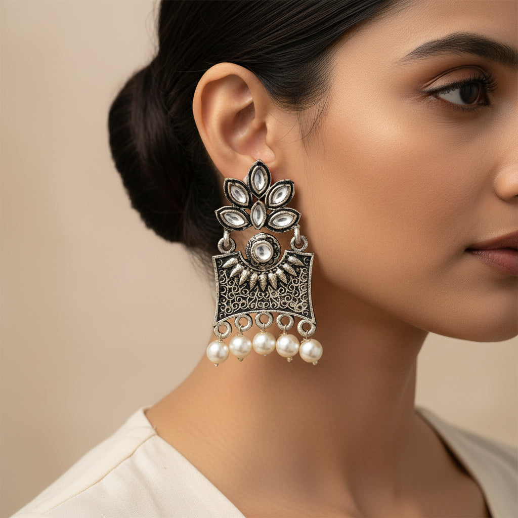 Flora-Aura stone studded dangler earrings (White)