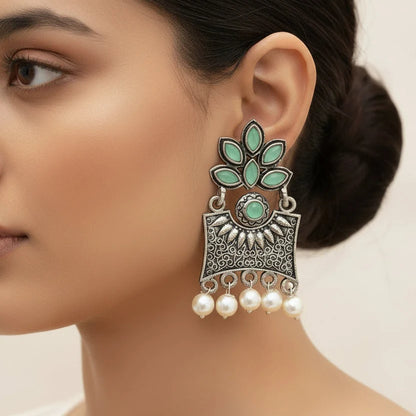 Kalash Kamal earring  Flora-Aura stone studded dangler earrings (Pista) Combo