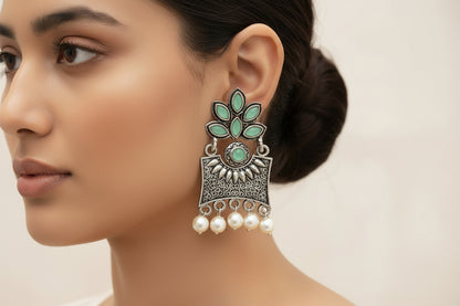 Fine Shine stud earrings (Red)&Flora-Aura stone studded dangler earrings (Pista) Combo set