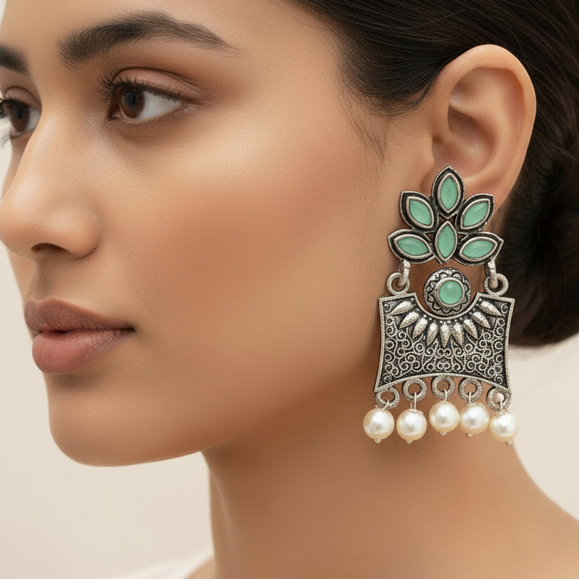 Carved Charm Dangler earrings &  Flora-Aura stone studded dangler earrings (Pista) Combo set