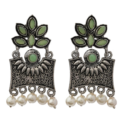 Royal Triple Bell Layered Jhumka Earring (Dark Maroon) Flora-Aura stone studded dangler earrings (Pista) Combo set