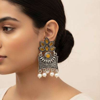 Carved Charm Dangler earrings &  Flora-Aura stone studded dangler earrings (Yellow) Combo set