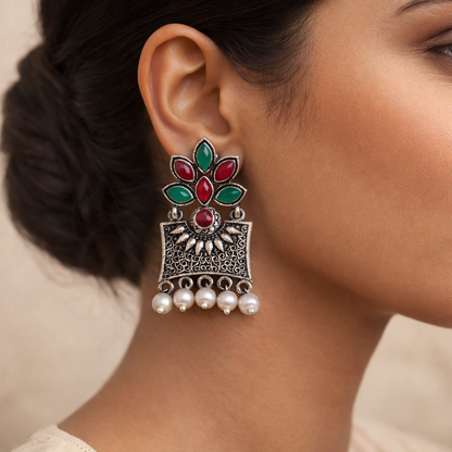 Flora-Aura stone studded dangler earrings (Multicolored)