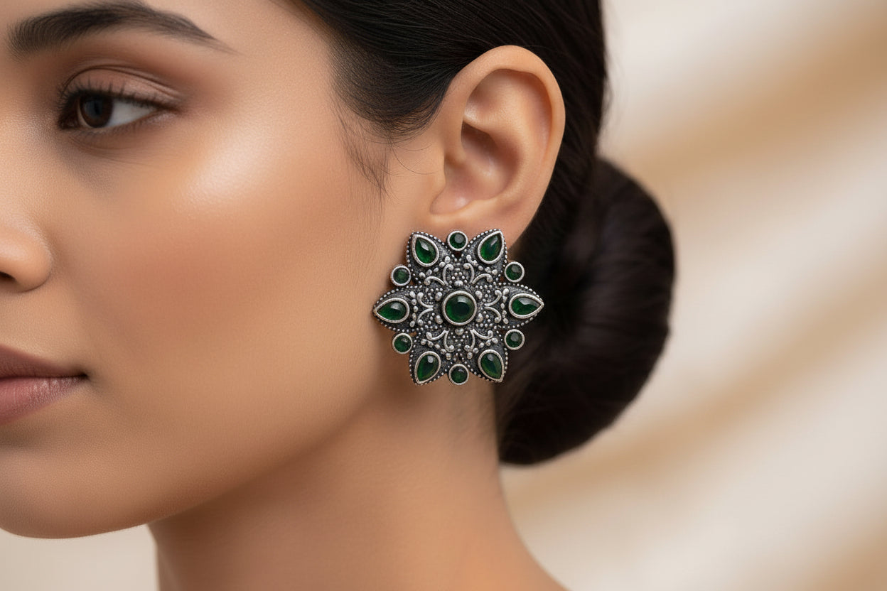 flower-alpana stud earrings (Green)