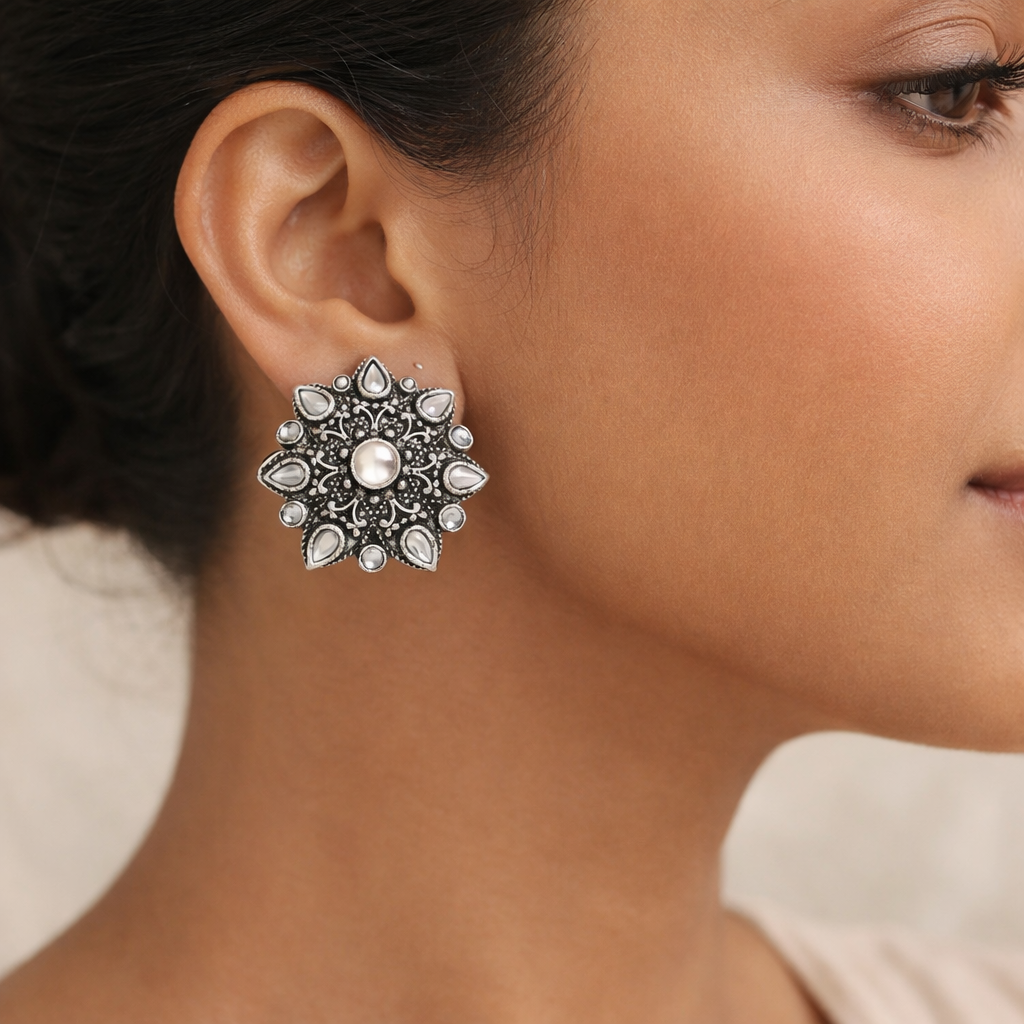 Carved Charm Dangler earrings (White) flower-alpana stud earrings (White) Combo set