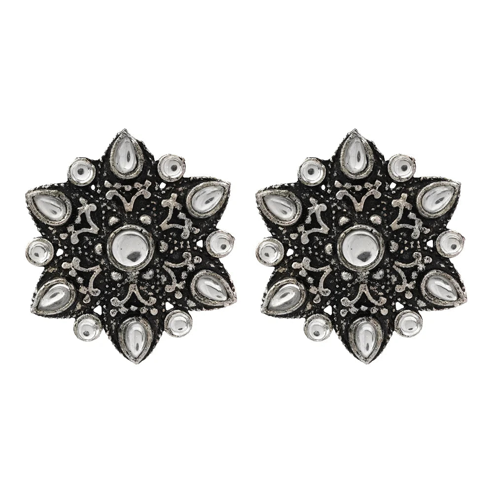 Carved Charm Dangler earrings (White) flower-alpana stud earrings (White) Combo set