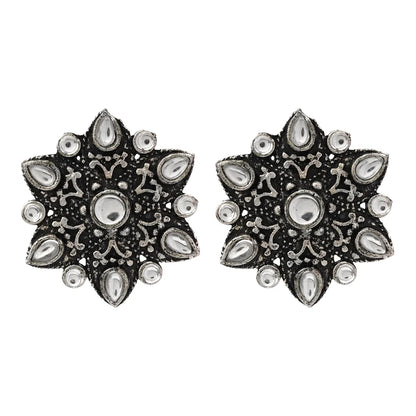 Carved Charm Dangler earrings (White) flower-alpana stud earrings (White) Combo set