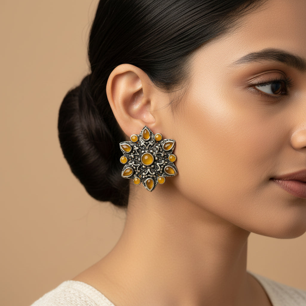 flower-alpana stud earrings (Yellow)