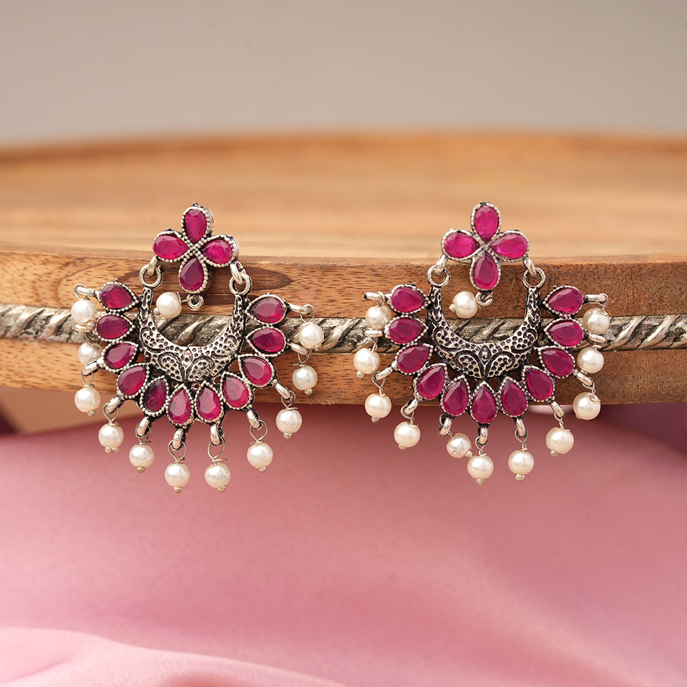 Red Stone Studded Statement German Silver Dangler Earrings