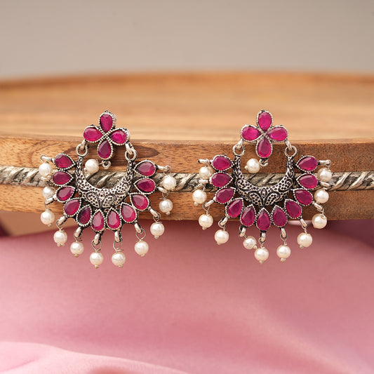 Red Stone Studded Statement German Silver Dangler Earrings