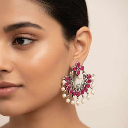 Red Stone Studded Statement German Silver Dangler Earrings