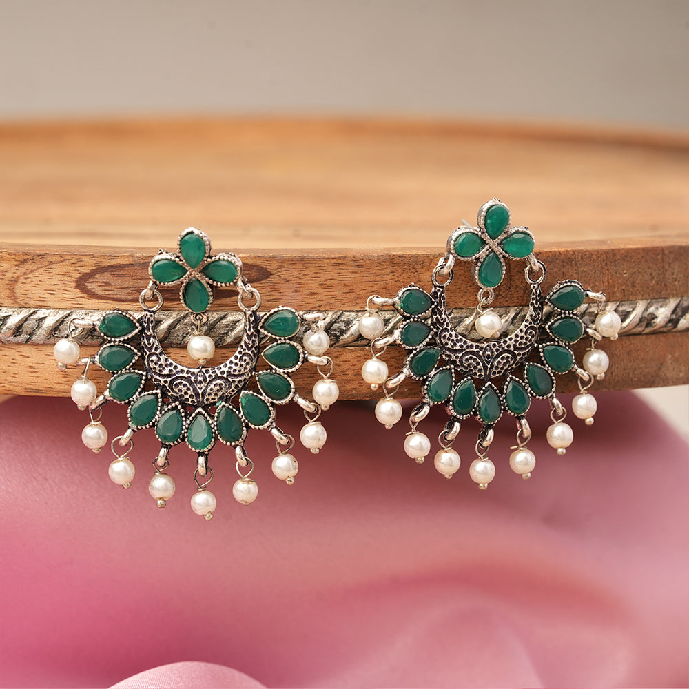Green Stone Studded Statement German Silver Dangler Earrings