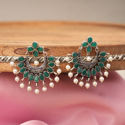 Green Stone Studded Statement German Silver Dangler Earrings