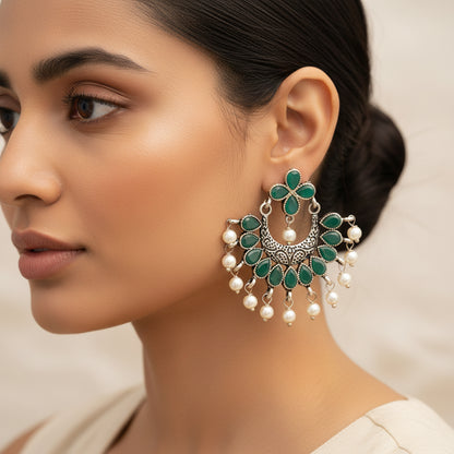 Green Stone Studded Statement German Silver Dangler Earrings