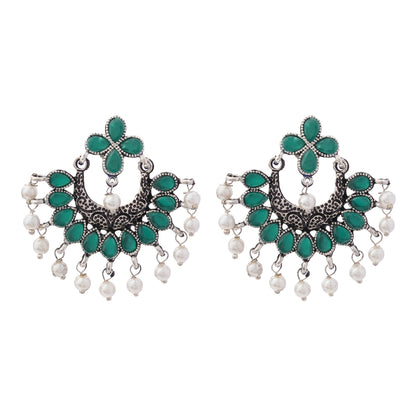 Green Stone Studded Statement German Silver Dangler Earrings