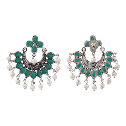 Green Stone Studded Statement German Silver Dangler Earrings