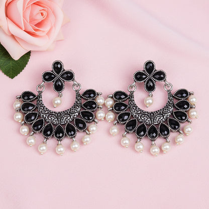Black Stone Studded Statement German Silver Dangler Earrings
