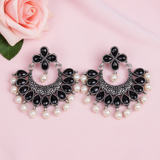 Black Stone Studded Statement German Silver Dangler Earrings