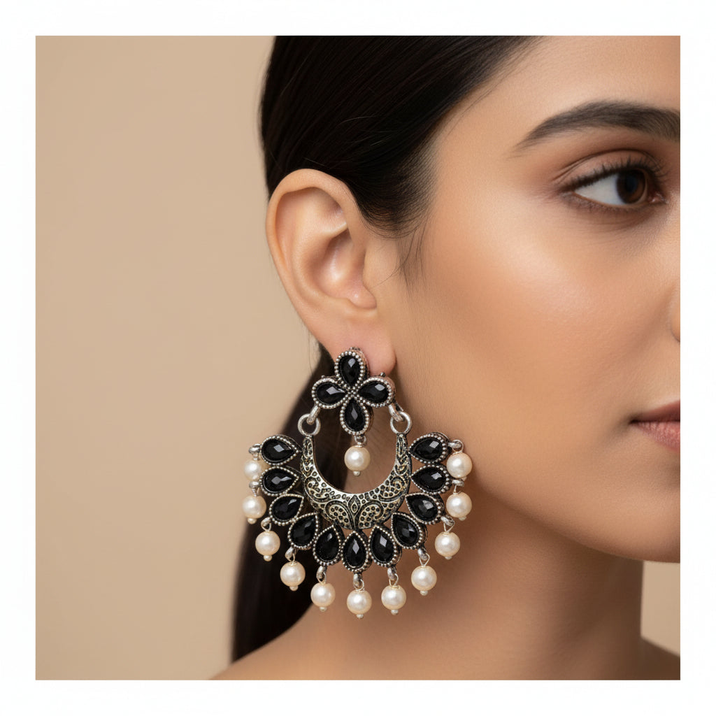 Black Stone Studded Statement German Silver Dangler Earrings
