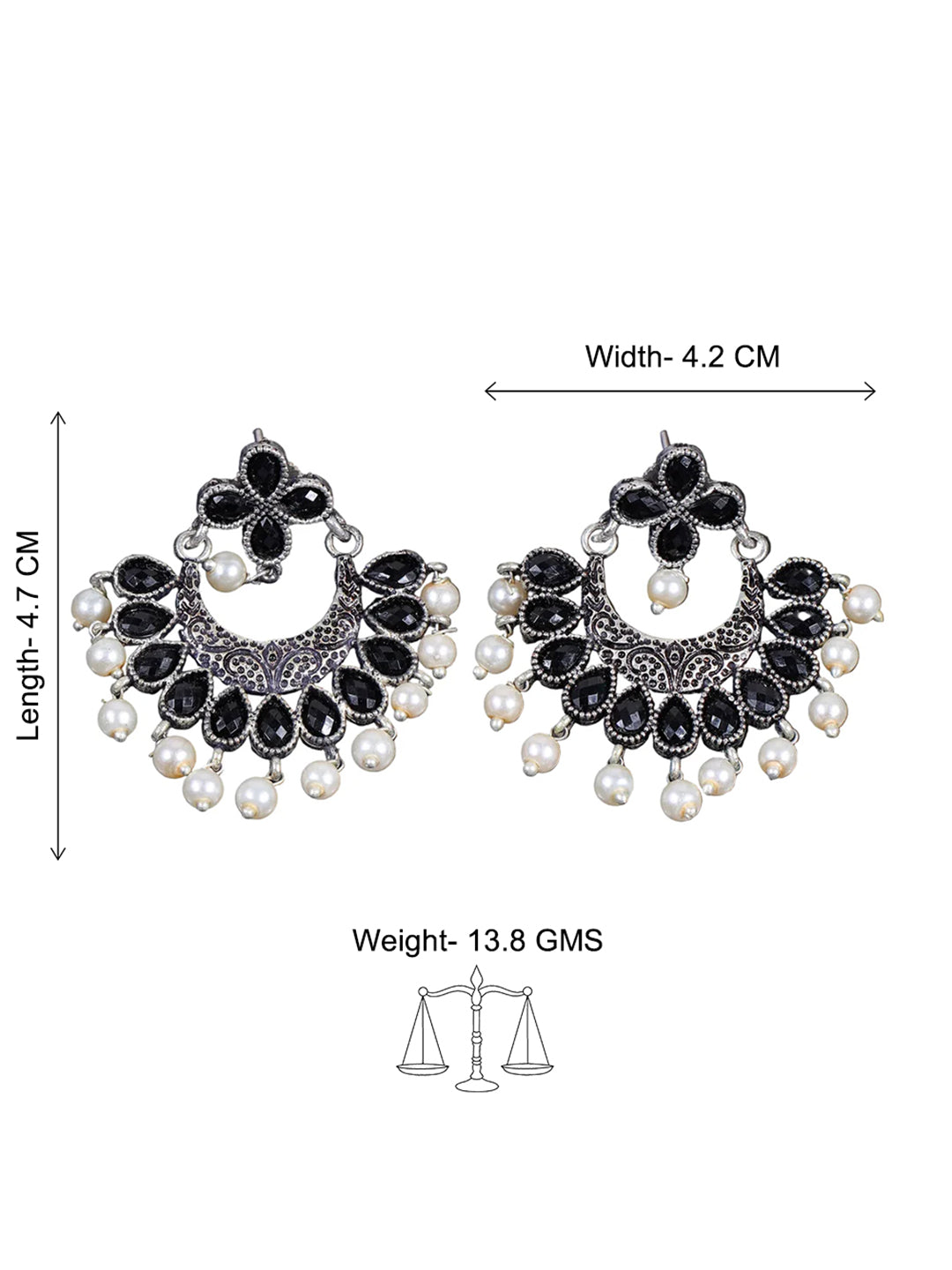 Black Stone Studded Statement German Silver Dangler Earrings