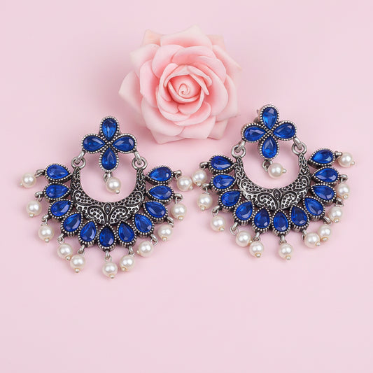 Blue Stone Studded Statement German Silver Dangler Earrings