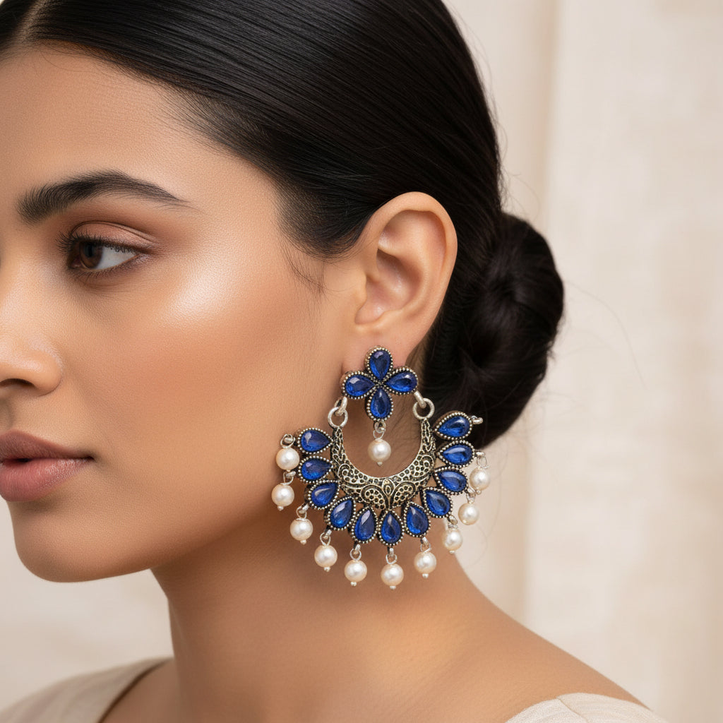 Blue Stone Studded Statement German Silver Dangler Earrings