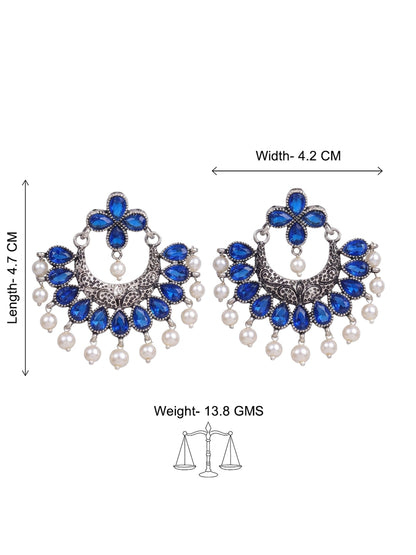 Blue Stone Studded Statement German Silver Dangler Earrings