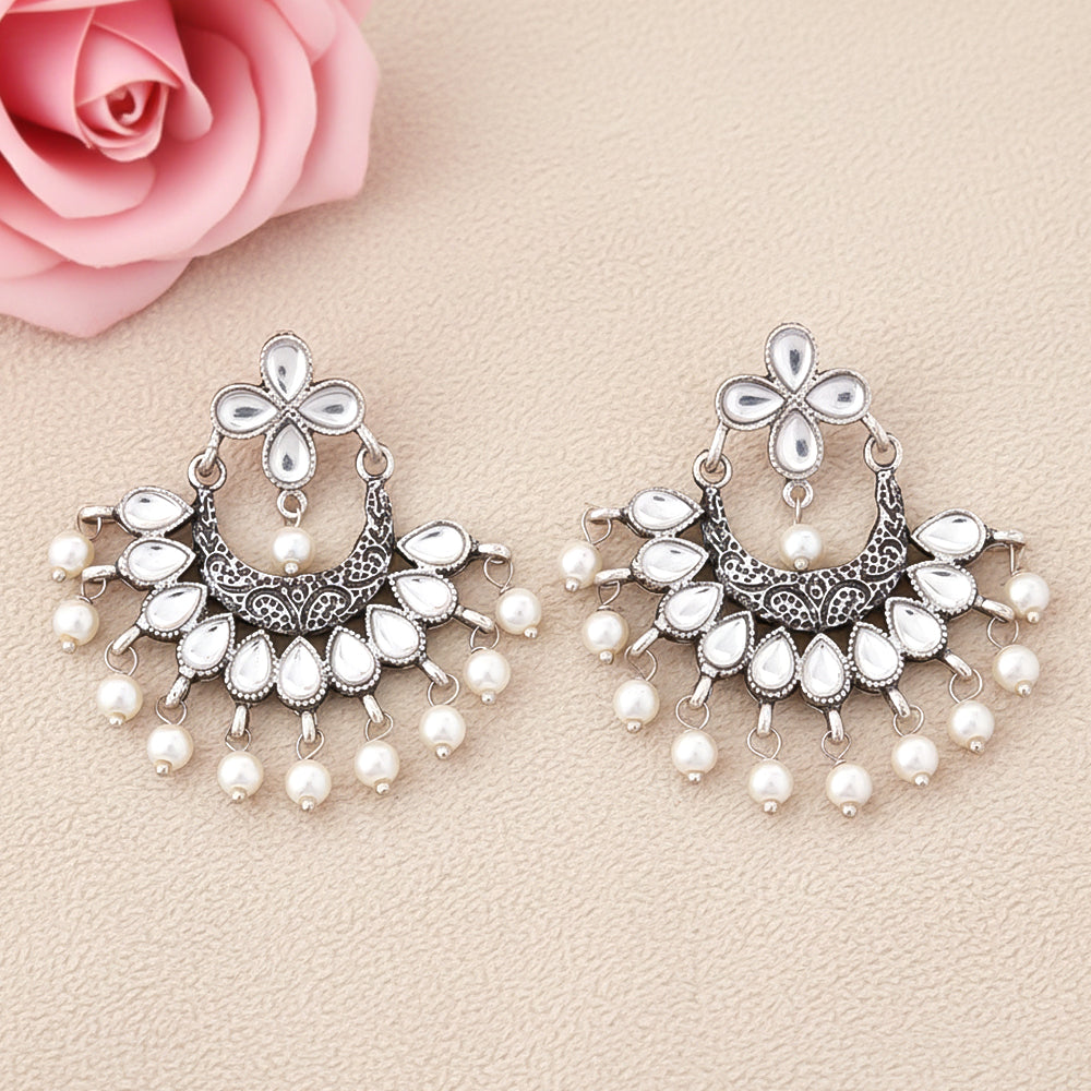 White Stone Studded Statement German Silver Dangler Earrings