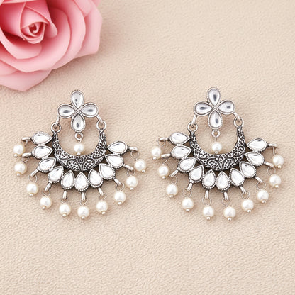 White Stone Studded Statement German Silver Dangler Earrings