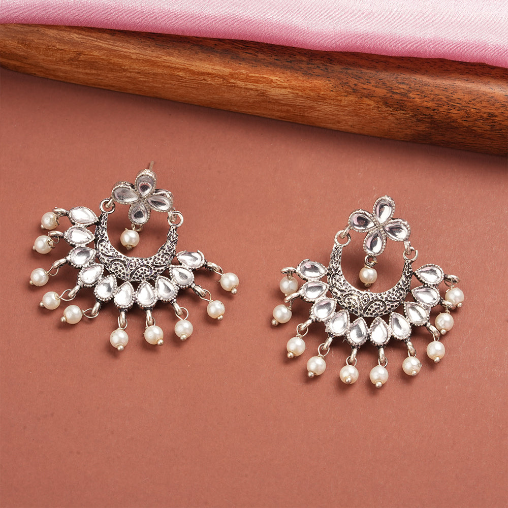 White Stone Studded Statement German Silver Dangler Earrings