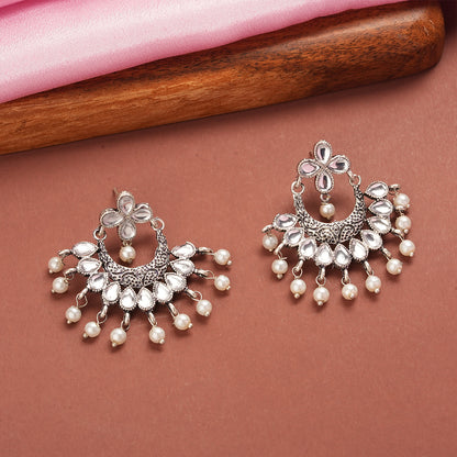 White Stone Studded Statement German Silver Dangler Earrings