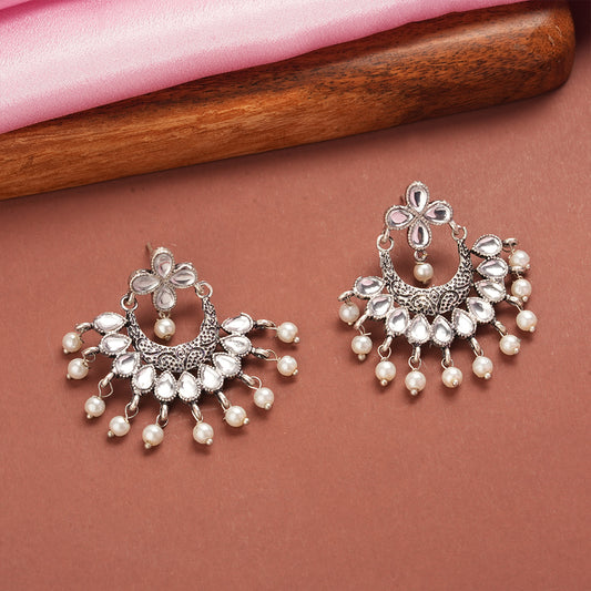 White Stone Studded Statement German Silver Dangler Earrings