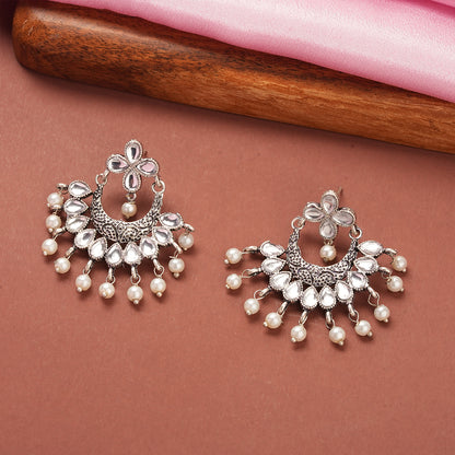 White Stone Studded Statement German Silver Dangler Earrings