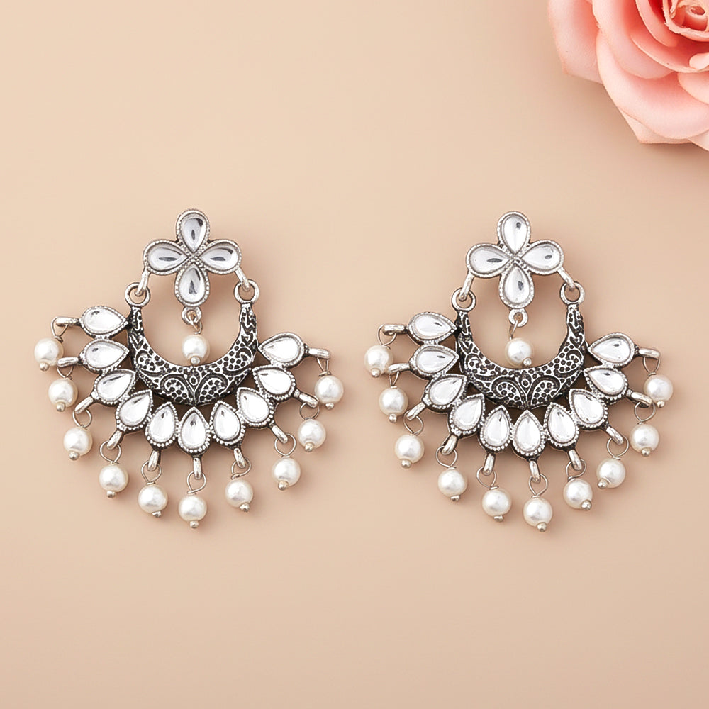 White Stone Studded Statement German Silver Dangler Earrings