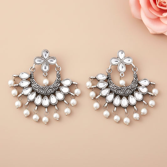 White Stone Studded Statement German Silver Dangler Earrings