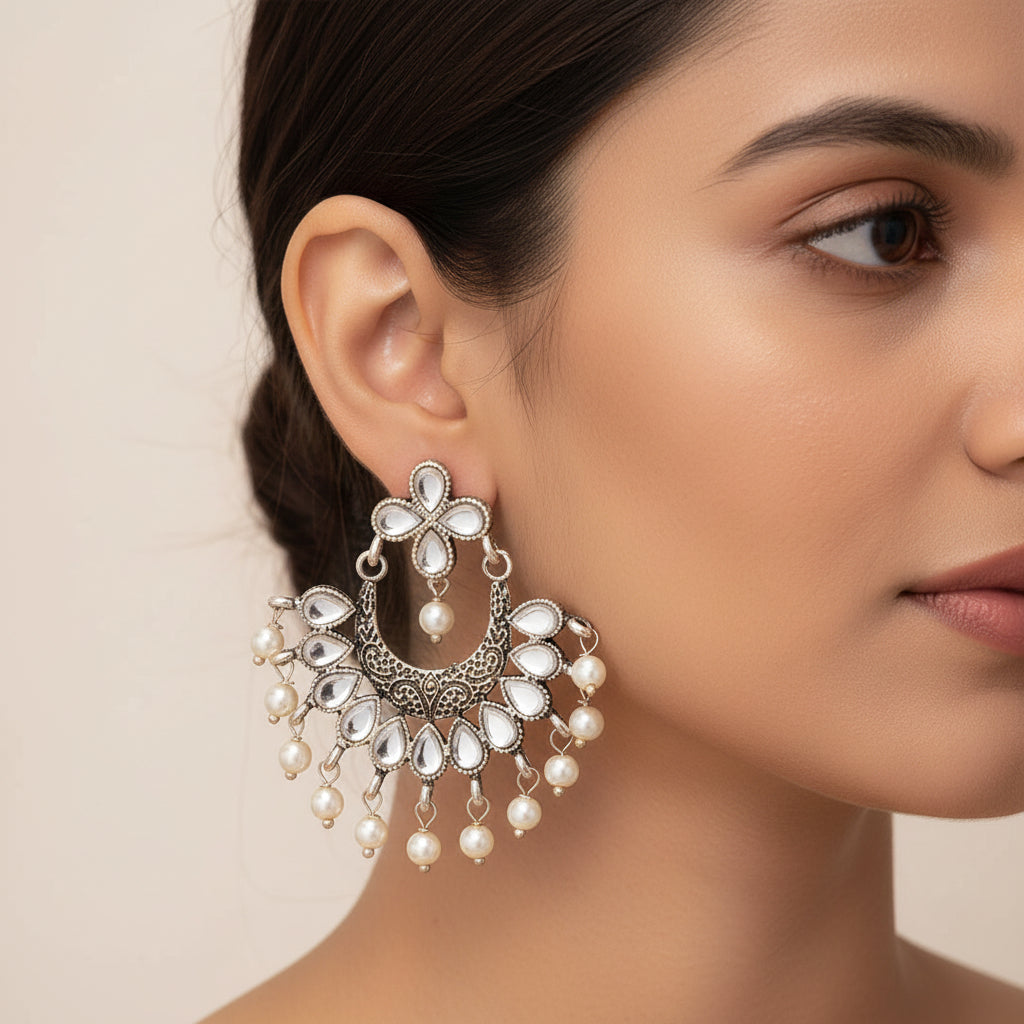 White Stone Studded Statement German Silver Dangler Earrings