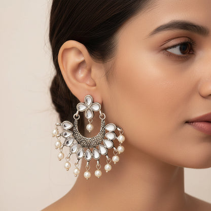White Stone Studded Statement German Silver Dangler Earrings