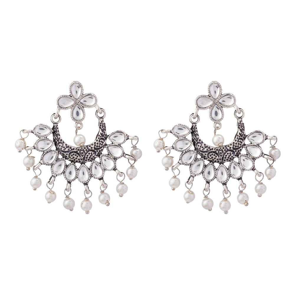 White Stone Studded Statement German Silver Dangler Earrings