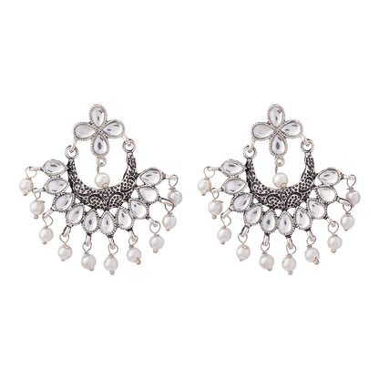 White Stone Studded Statement German Silver Dangler Earrings