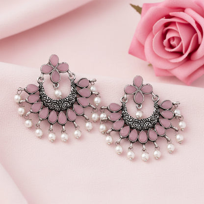 Baby Pink Stone Studded Statement German Silver Dangler Earrings