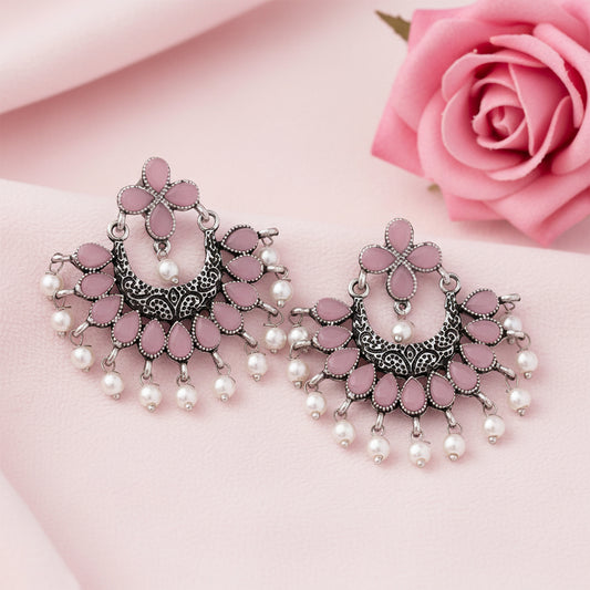 Baby Pink Stone Studded Statement German Silver Dangler Earrings
