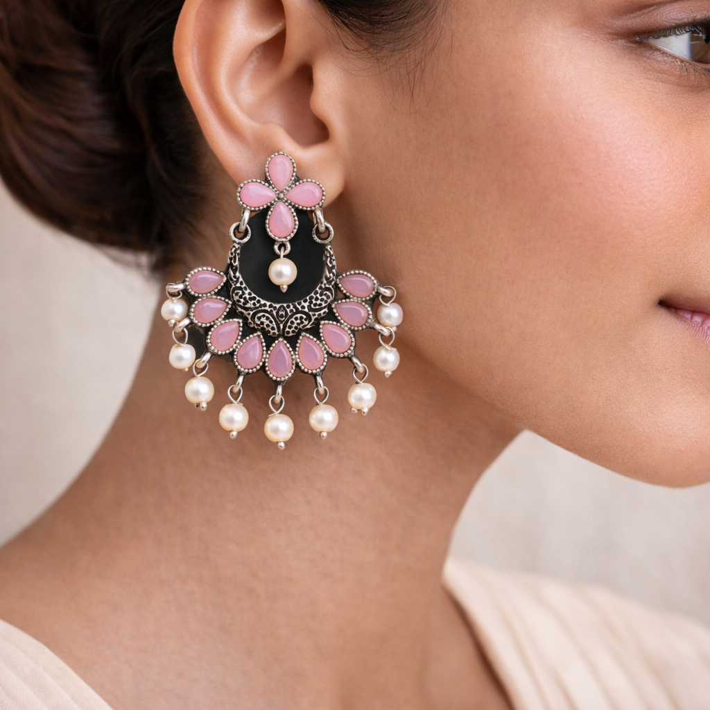 Baby Pink Stone Studded Statement German Silver Dangler Earrings