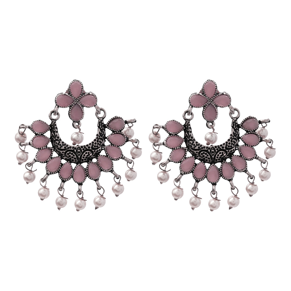Baby Pink Stone Studded Statement German Silver Dangler Earrings