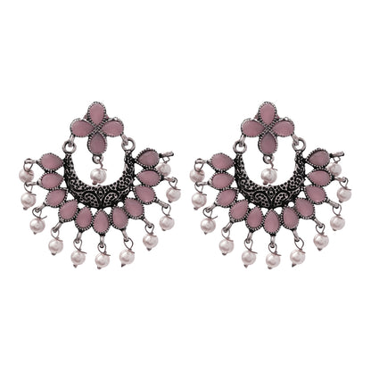 Baby Pink Stone Studded Statement German Silver Dangler Earrings